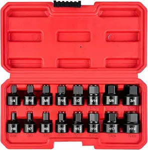 WETT 3/8-Inch Drive Low Profile Impact Hex Driver Set, 16-Piece Stubby Hex Bit Socket Set, CR-V Steel, SAE/Metric, (1/4" - 3/4", 6-19mm)