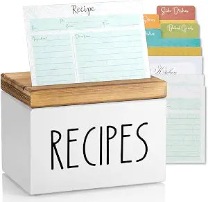Recipe Box, Wood Recipe Card Box Set, Recipe Box with 100 Cards and 6 Dividers,4x6 Recipe Organizer, Recipe Card Holder, White