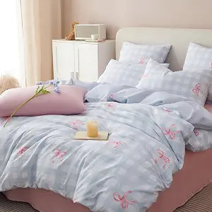 Blue Plaid Comforter Set Twin Pink Bow Reversible Bedding Set ���