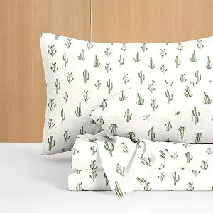 Wake In Cloud - Western Bed Sheets, 4-Piece Sheet Set, Southwestern Cactus Botanical Desert Plant Vintage Pattern Printed Bedding, Deep Pocket, Green White, King Size