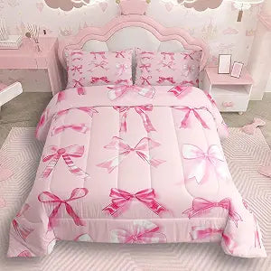 jejeloiu Pink Bow Bedding Set Twin Girls Bow Comforter Set for Kids Teens Girls Cute Bowknot Comforter Breathable Soft Lightweight Microfiber Kawaii Cute Pink Room Decor