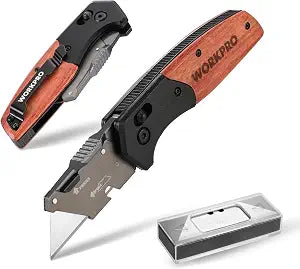 WORKPRO Folding Utility Knife, Aluminum and Wood Handle, Axis Lock