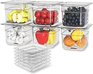 6-Pack NSF Polycarbonate Food Pans with Lids,1/6 Size,4" Deep,Clear