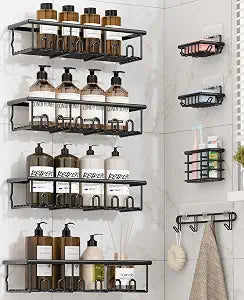 8 Pack Adhesive Bathroom Holders & Dispensers for Kids & Adults, Black