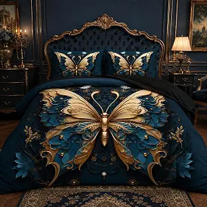 CCoutueChen Blue Twin Comforter Set - Butterfly Print - Vintage Bedding