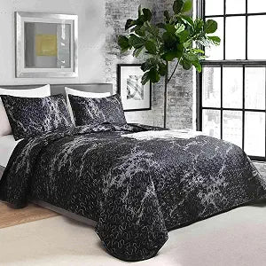 Nanko Quilt Set King Size 3 Pcs, Dark Black and Whte Grey Marble Bedspreads, Soft Lightweight Coverlet Bed Spreads, Farmhouse Modern Thin Quilted Comforter Bedding Sets for Women Men, 104 x 90 inch