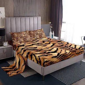 Feelyou Tiger Bed Sheet for Kids Boys Girls Tiger Stripes Sheet Set Wildlife Bedding Set 1 Fitted Sheet & 1 Flat Sheet with 2 Pillowcases Queen Size