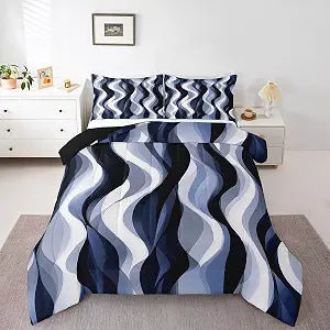 Erosebridal Navy Blue Striped Bedding Queen,Modern Geometric Abstract Navy Comforter Set for Women Men,Minimalist Flowing Fluid Stripes Quilt,Minimalist Contemporary Ombre Duvet Insert