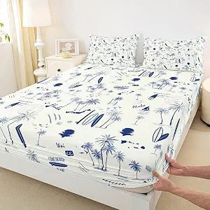 Coastal Beach Fitted Sheet Twin Size,Surfboard Sailboat Palm Tree Bedding Set 2Pcs for Kids Girls Boys Teens Room Decor Summer Ocean Life Bed Sheet Navy Blue White Deep Pocket Sheet,1 Pillowcase