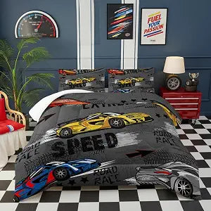 Race Car Queen Comforter Set for Boys���Race Car Queen Bedding Sets for Boys���Hot Wheels Cars Queen Bedding Set���Race Car Theme Room Decor