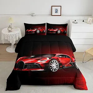 Feelyou Sports Car Comforter Red Race Car Comforter Set for Kids Boys Girls Extreme Sports Theme Bedding Set Cool Speed Luxury Decor Quilt Set with 2 Pillowcases 3Pcs Bedding Full