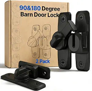 Barn Door Lock and Latche: Black 90/180 Degree Latch, Sliding Barn Door Locks, Small Sliding Gate Latch, Zinc-Alloy Bifold Door Latch for Cabinets, Bathroom, Window, Outdoor, Child Proof (2 Pack)