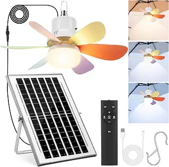 1 Set Solar Powered Ceiling Fan with Light, 17.7 in Outdoor Portable Hanging Fan Light with Remote, 3 Speeds, 3 Lightings, Powered by 5100mah Battery for Patio Gazebo Tent (Colorful)