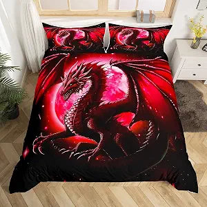 Castle Fairy Dragon Duvet Cover Set Queen Size,Starry Sky Moon Night Bedding Set for Kids Boys Teens Women Bedroom Decor,3D Animals Comforter Cover Western Dragon Black Red Quilt Cover,2 Pillowcases