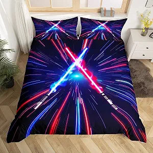Light Up Sword Duvet Cover Set Twin Size,Geometric Lines Gradient Bedding Set 2pcs for Kids Teens Boys Room Decor, Future Technology Metaverse Comforter Cover Red Blue Quilt Cover with 1 Pillowcase
