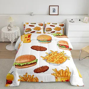 Erosebridal Hamburger Bedding Set Full for Kids Boys Girls French Fries Comforter Set,Delicious Fast Food Bedding Comforter Sets Food Theme Bed Set Western Style Home Decorative,Lightweight 3 Piece