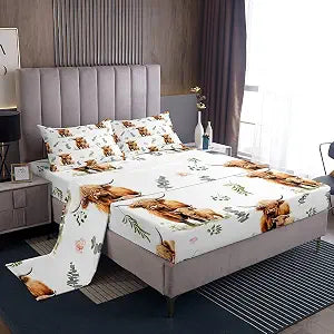 Highland Cow Bed Sheet Set Queen Size for Girls Boys Kids Cute Farm Animal Fitted Sheet Cattle Bull Bed Sheets Farmhouse Western Bedroom Decor Pink Flowers Green Botanical Leaves Bedding Sheets 4Pcs