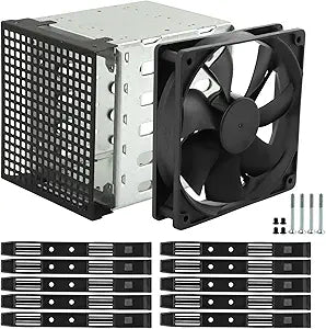 Hard Drive Cage 5.25 Inch to 5X 3.5 Inch, Stainless Steel HDD Enclosure with 12cm Cooling Fan, Internal Hard Drive Rack for PC Case CD-ROM Slot Expansion