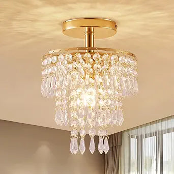 Modern Mini Crystal Chandelier, 3-Tier Raindrops Design Small Chandelier Light Fixture, Flush Mount Ceiling Light Fixture for Bedroom, Hallway, Living Room - E26 Base, Chandelier for Bedroom (Gold)