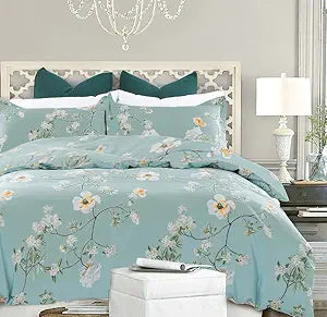 Nanko Bedding Duvet Cover Set Queen, 3 Pieces ��� 800-Thread Floral Microfiber Down Comforter Quilt Cover Zipper & Tie for Women & Men���s Bedroom, Luxury Guestroom Decor -Teal