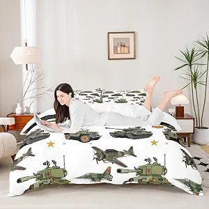 Manfei War Theme Duvet Cover Set Twin Size, Aircraft Tanks Bedding Set 2pcs for Kids Boys, Retro Army Green Airplane Tanks Comforter Cover Soft Polyester Quilt Cover with 1 Pillowcase,No Comforter