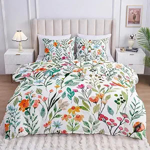 YIYEA Floral Duvet Cover Queen Size, Premium Double Brushed Microfiber Duvet Cover Set with Pillow Cases for All Season, Zipper Closure, 8 Corner Ties, Comforter Not Included, 3PC, Queen