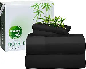 Royale Linen Bamboo Viscose Queen Sheet Set - Cooling Bed Sheet Set - 1 Fitted, 1 Flat & 2 Pillowcase - Fits Up to 16" - Organic Viscose Derived from Bamboo - Bedding Sheet & Pillowcase (Queen, Black)