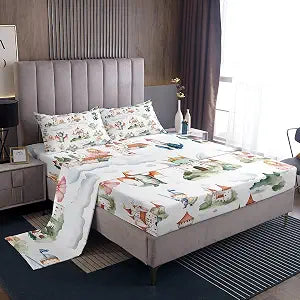 Homewish Cartoon Dragon Bed Sheets Twin Size,Western Animals Bedding Set 3Pcs for Kids Girls Boys Teens Room Decor,Cloud Sky Castle Fitted Sheet Cute Princess Knights Top Flat Sheet,1 Pillowcase