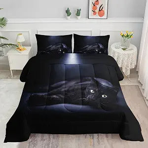 Datura home Cat Bedding Comforter Set Black in Dark 3D Digital Printed Pattern Quilt with 1 and 2 Pillowcases for Adult Kids Bedroom All Season(Black Twin), Twin 68x86inches
