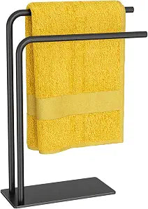 Hand Towel Holder Stand for Bathroom Kitchen Countertop, Matte Black Modern Free Standing Towel Racks with Heavy Base, Holds 2 Towels