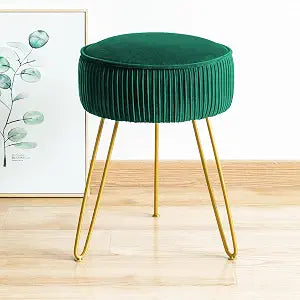 LUE BONA Pleated Vanity Stool, Velvet Upholstered for Makeup Room, Round Mondern Stool for Vanity, Ottoman Footrest with Metal Legs for Living Room, Bedroom, Emerald