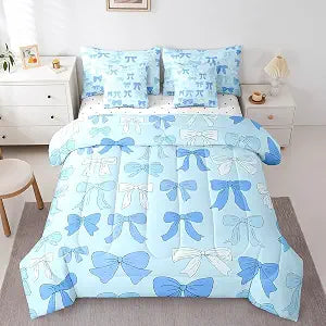 jejeloiu Blue Bowknot Girly 7 Piece Bedding Set Queen Size for Kids