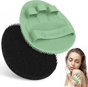 New Silicone Shower Scrubber with Straps 2PCS, 360�� Anti-Slip Enlarged Body Scrubber for Rich Foaming Deep Cleaning, Revolutionary No-Grip & Hand-fit Bath Glove for All Skin Type(Black+Green)