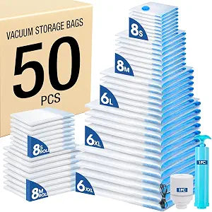 AROIC 50 Pack Vacuum Storage Bags, 5 Sizes + 2 Roll-up (8 Each) Space Saver