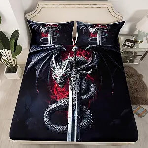 Black Dragon Fitted Sheet Twin Size,Dragon Sword Bedding Set 2Pcs for Kids Girls Boys Teens Room Decor,Western Magical Animals Bed Sheets Ultra Soft Dark Red Deep Pocket Sheet,1 Pillowcase