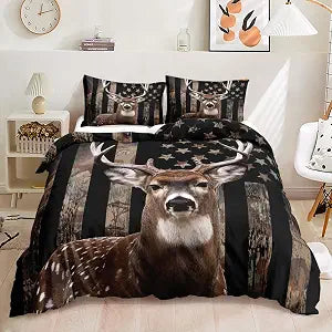 HOSIMA Deer Hunting Bedding Sets,Deer and American Flag Duvet Cover for Hunter Bedroom Decor with 2 Pillowcases Camouflage Bedding Sets for Adult Teen boy Bedding.