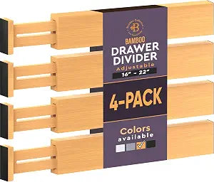 Bambsi 4-Pack Drawer Divider - 2.6" High, 16" to 22" Adjustable Bamboo Drawer Organizers for Clothes, Expandable Dresser Separators in Bedroom/Bathroom/Kitchen/Office Organization and Storage