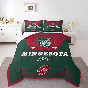 Feelyou Ice Hockey Bedding Set Soft for Boys Girls, Minnesota Comforter Set King Size Ice Hockey City Team Duvet Quilt Microfiber Winter Sports Bedroom Decor 3 Pcs with 2 Pillow Cases