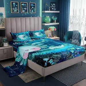 Manfei Cartoon 3D Print Axolotl Bed Sheet 4 Piece,Cute Ocean Animal Sheets Full Size Bed Set,Undersea World Plant Bedding Set with Flat,Fitted Sheet,2 Pillow Cases