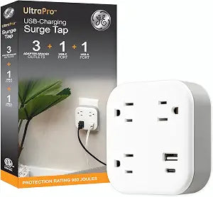 GE Surge Protector Outlet Extender with USB Ports, 3 Outlet (Wide Spaced)