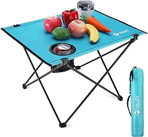 VILLEY Folding Camping Table, Portable Table with 2 Cup Holders, Small