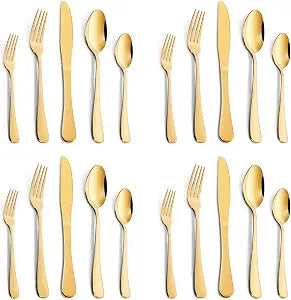 Gold Silverware Set 20 pcs, Knife Spoon Fork Silverware, Durable Stainless Steel Flatware Set, Kitchen Eating Utensils Set for Home Party and Restaurant, Dishwasher Safe