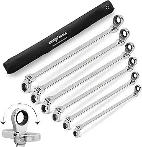 DISEN 6PCS Extra Long Double Box End Ratchet Wrench Set 8-19mm with Pouch