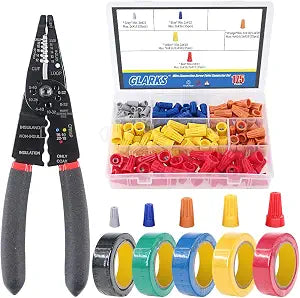 Glarks 8" 10-22 AWG Multifunction Wire Stripper/Crimper/Cutter and 175Pcs Twist Nuts Caps Electrical Wire Connectors Screw Terminals with 5Pcs Electrical Tape Assortment Set