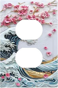 Outlet Covers The Great Wave Off Kanagawa With Sakura 1 Gang Duplex Wall Plate Decorative Switch Plates Electrical Receptacle Faceplate Light Switch Cover for Bedroom Bathroom Decor