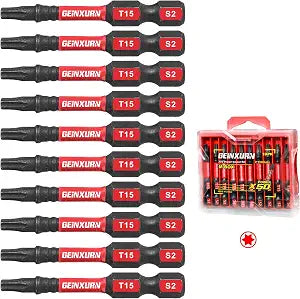 Geinxurn 10Pieces 2 In. T15 Impact Tough Magnetic Screwdriver Bit Set, #15 Torx Head Power Bits, S2 Alloy Steel Star Bits with Storage M-Box