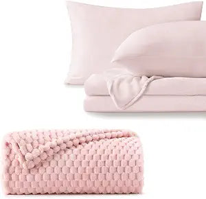 BEDELITE 3D Jacquard Fleece Blanket (50"x60") & Fleece Sheet Set King Size 4 Piece(Include Fitted Sheet, Flat Sheet, 2 Pillowcases)
