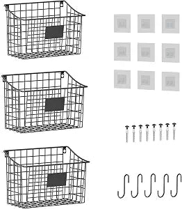 Wall Mounted Bin Basket with 5 Hooks 3 Label Plate Adhesive-3 Pack, Cabinet Hanging Metal Wire Basket,Rustic Farmhouse Decor, Storage Organization Shelf for Pantry Kitchen Bathroom 10.6*7.5*5.1inch