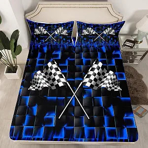 Geometric Square Stripe Fitted Sheet Twin Size,Race Car Flag Checkered Plaid Grid Bedding Set,Boys Girls Men Room Decor,Racing Sport Games Bed Cover,Blue Noble Bed Sheet,1 Pillowcase