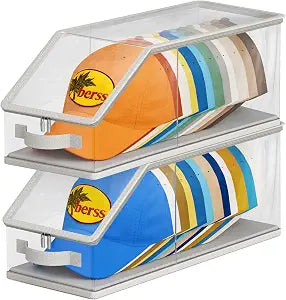 AOODA 2PCS Stackable Hat Storage for Baseball Caps, Clear Hat Organizer for Closet Holds up to 24 Caps, Mens Hat Box Display with Cardboard (Grey)